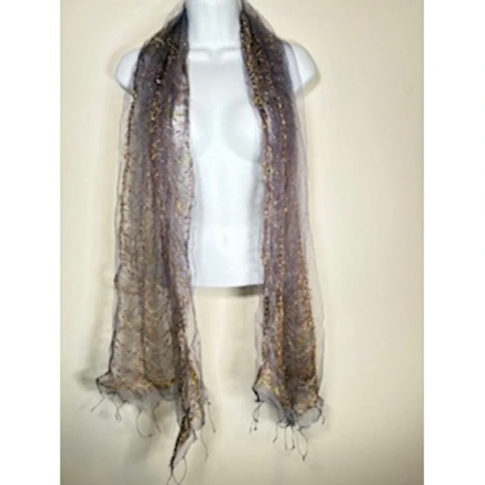 FLEURS Scarf OS Purple Gold Silk Mesh Metallic Ethereal Whimsigoth Wrap